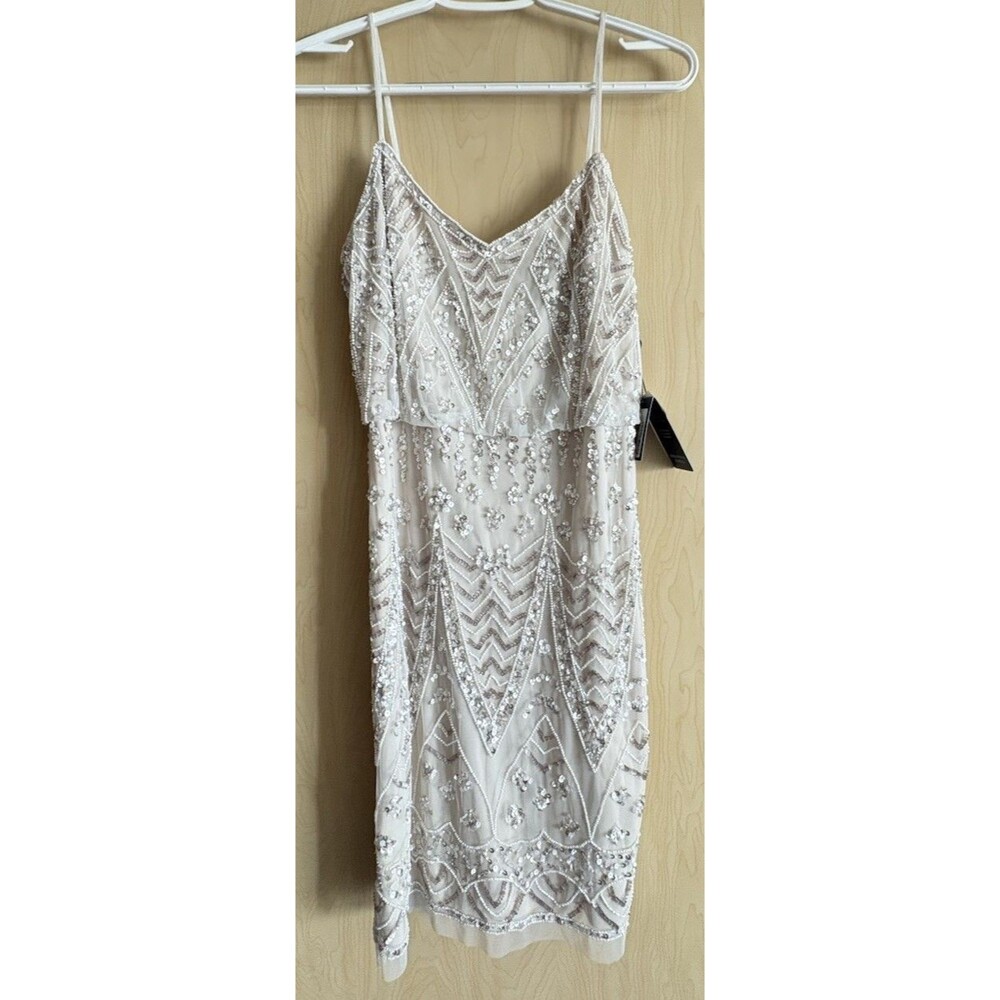 Adrianna Papell Blush Beaded Cocktail Dress Art Deco Sequin Women's 2
